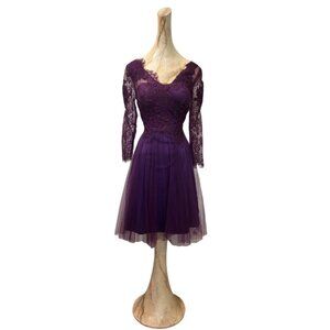 Women’s Purple Knee-Length Formal Dress with Lace Appliqué‎ Bodice – Elegant